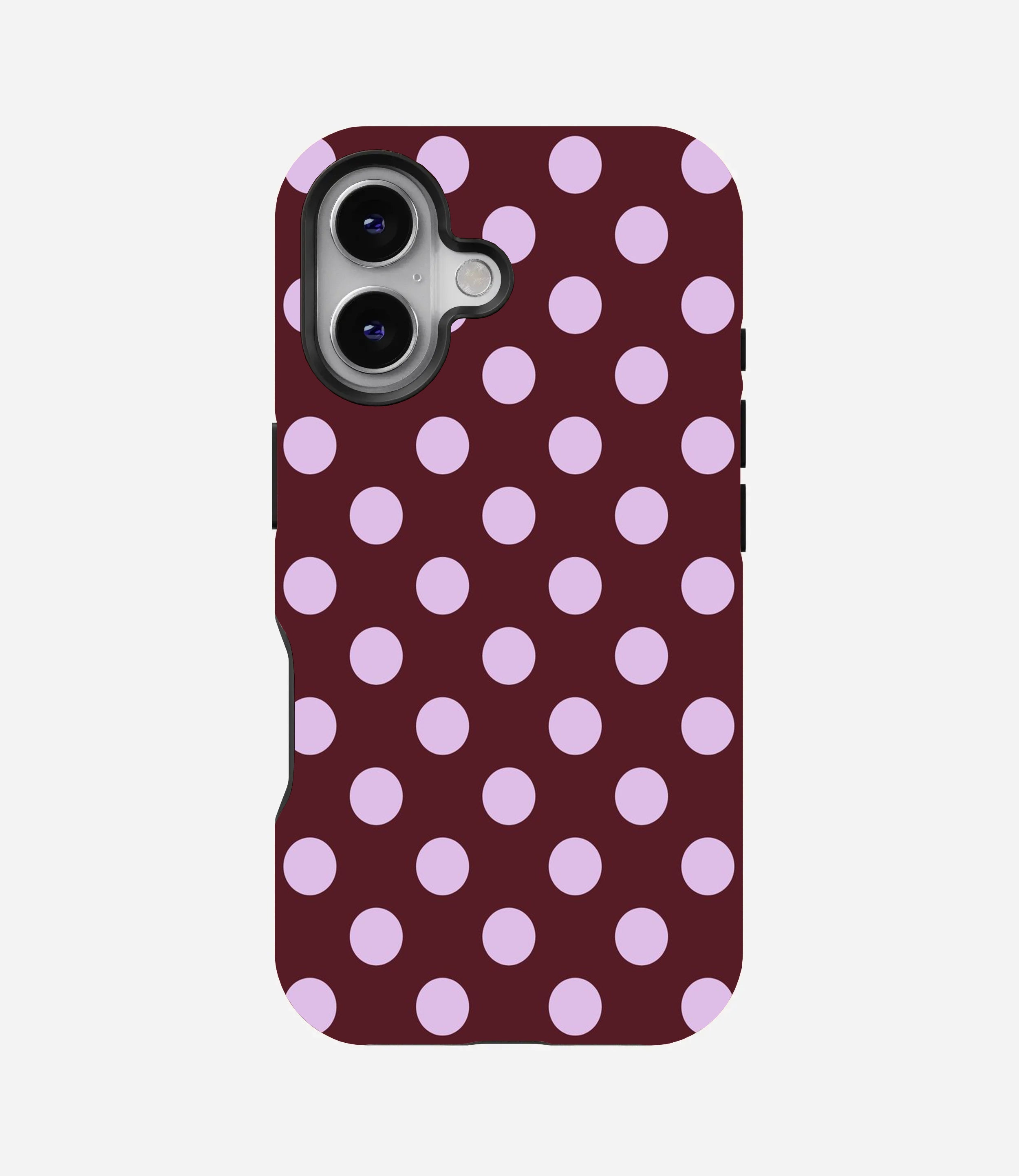Glossy phone case with a dark burgundy background and large, light purple polka dots.